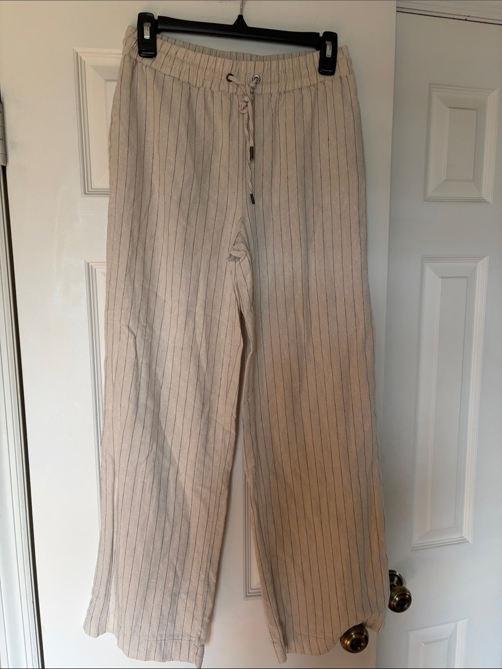 Maison D'Amelie Wide-Leg Linen Pinstripe Drawstring Pants in Beige